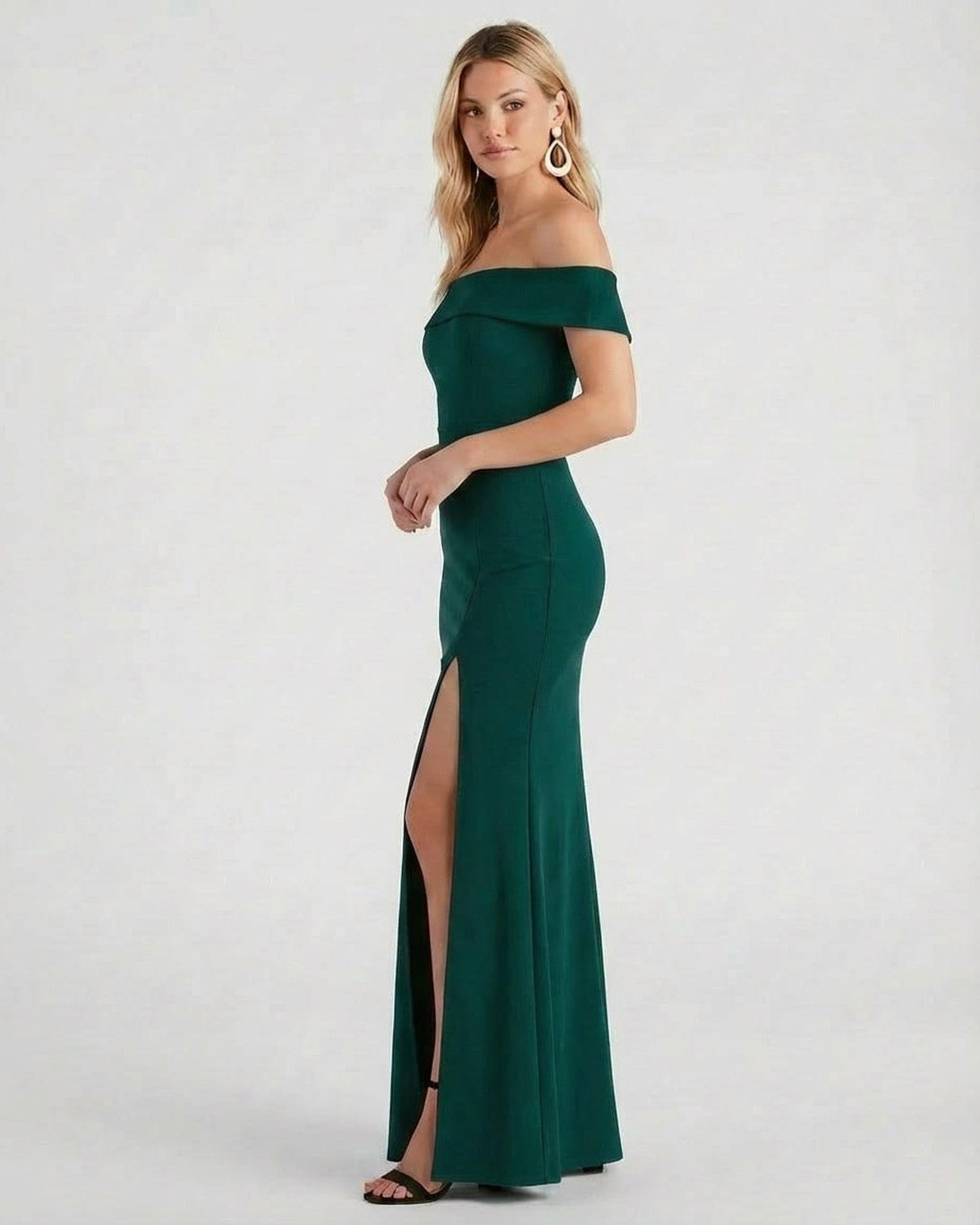 Emerald Maxi Dress by Slimona, elegant off-the-shoulder crepe knit dress with high slit.