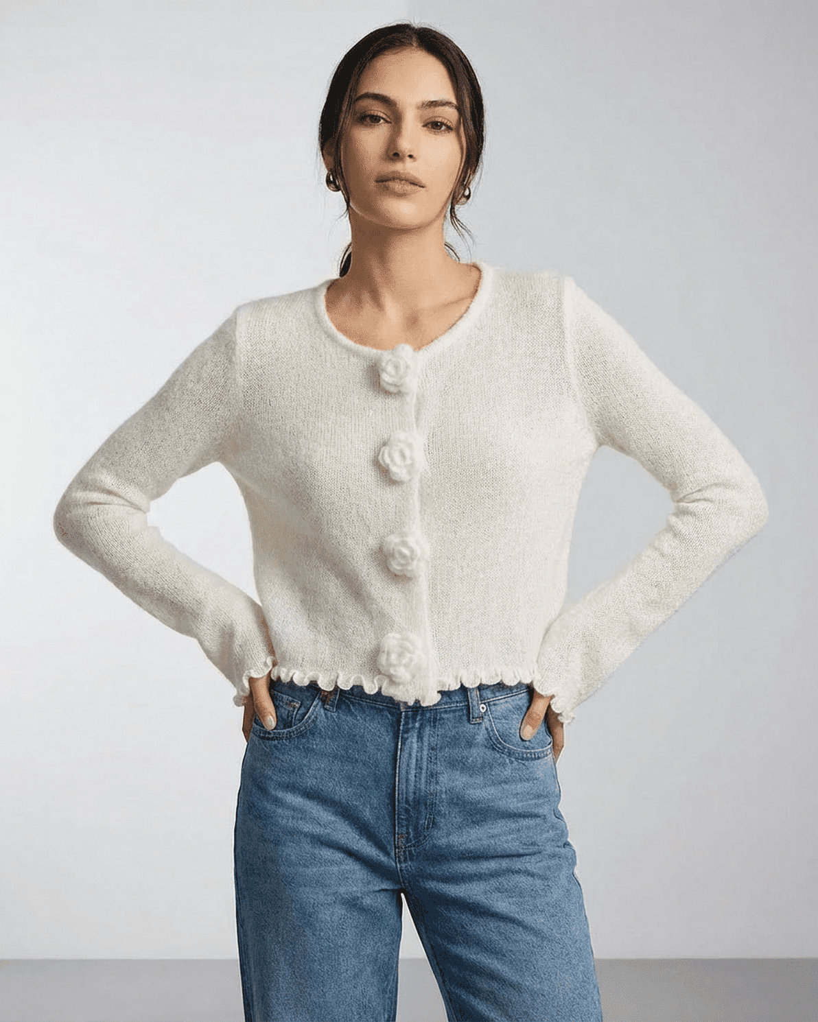 Camellia Cardigan by Slimona featuring floral button detailing and cropped fit, perfect for stylish everyday wear.