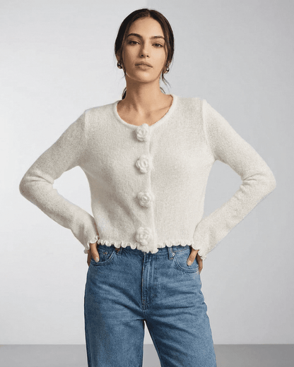 Camellia Cardigan by Slimona featuring floral button detailing and cropped fit, perfect for stylish everyday wear.