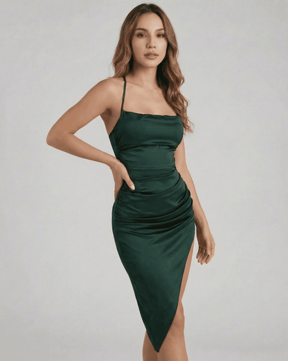 Selene Midi Dress by Slimona, featuring a sleek satin silhouette with elegant pleating and high waist for a flattering fit.