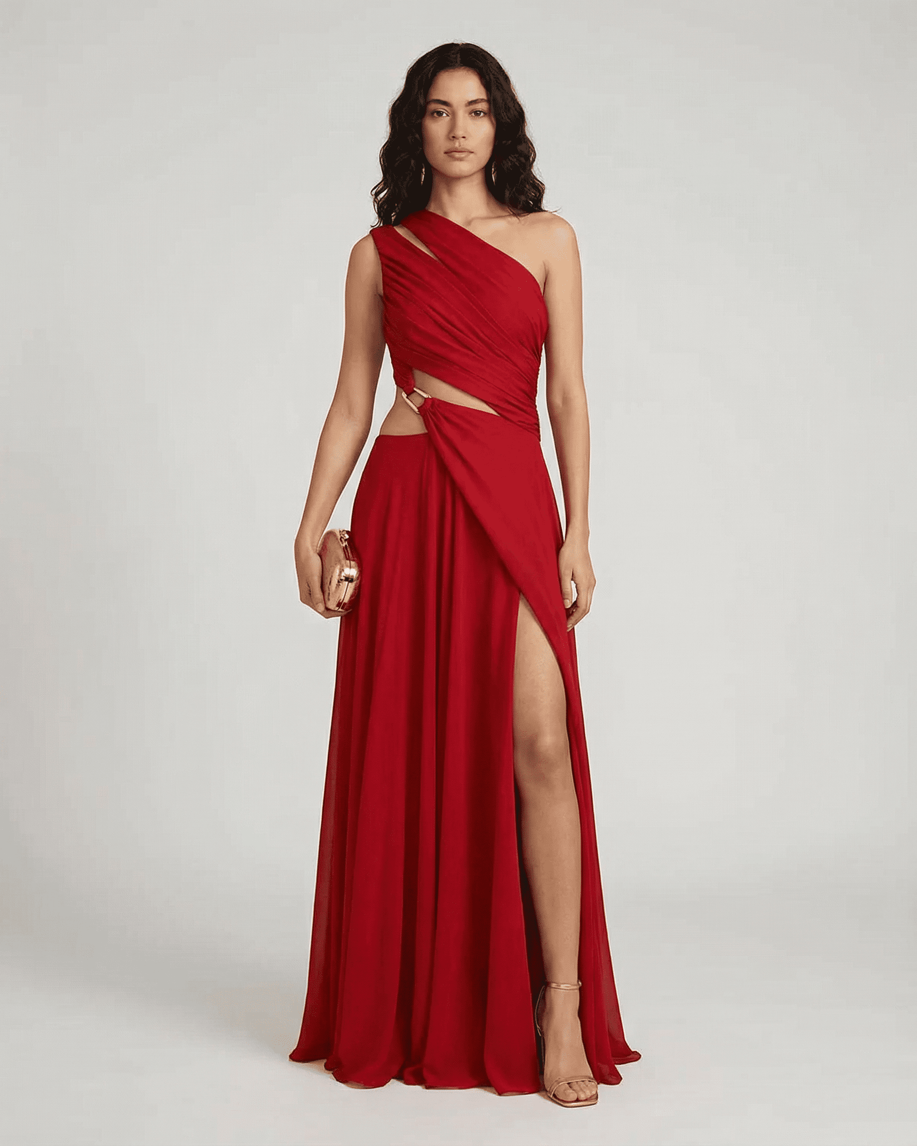 Caldera Maxi Dress by Slimona - Elegant one shoulder red maxi dress with high waist and side slit.