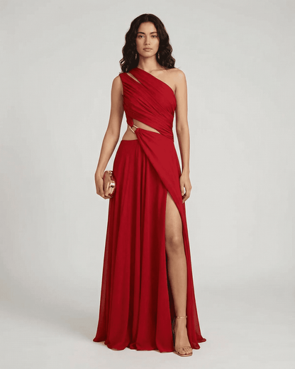 Caldera Maxi Dress by Slimona - Elegant one shoulder red maxi dress with high waist and side slit.