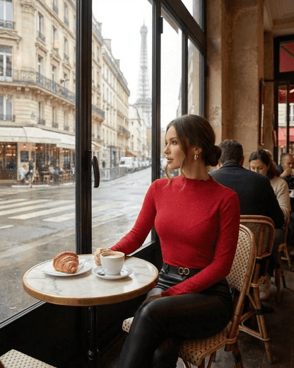 Woman wearing a Scarlet Blouse by Slimona, enjoying coffee with a view of the Eiffel Tower.