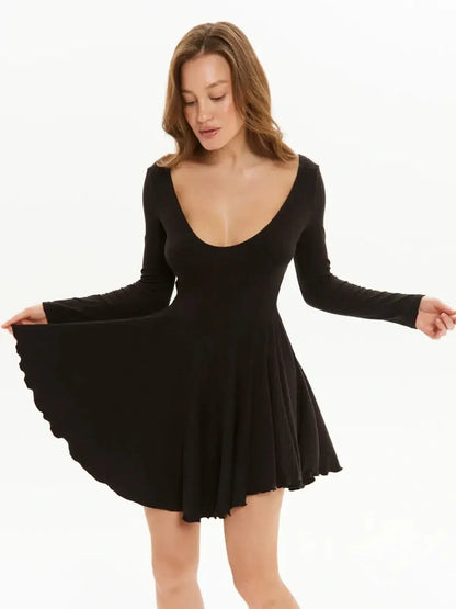 Flare Muse black mini dress with long sleeves and a flared skirt, perfect for summer parties or formal events.