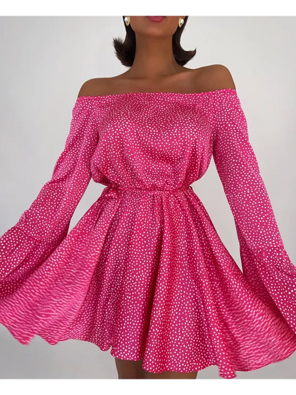 Flirt Pulse Mini Dress in vibrant pink with white polka dots, featuring off-the-shoulder style and flared skirt.