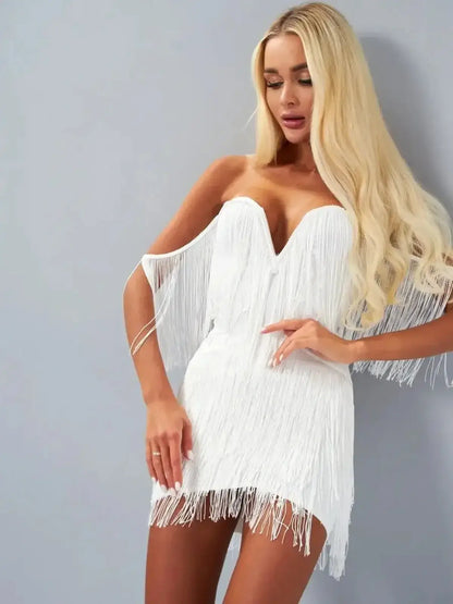 White Fringe Fantasy mini dress with off-the-shoulder design, perfect for weddings, proms, and summer parties.