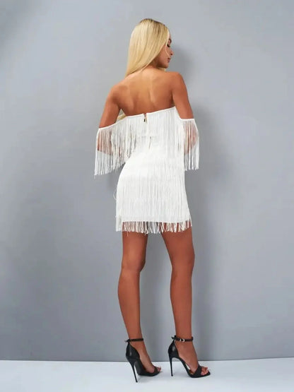 White fringe mini dress with off-the-shoulder style, perfect for summer parties and weddings.
