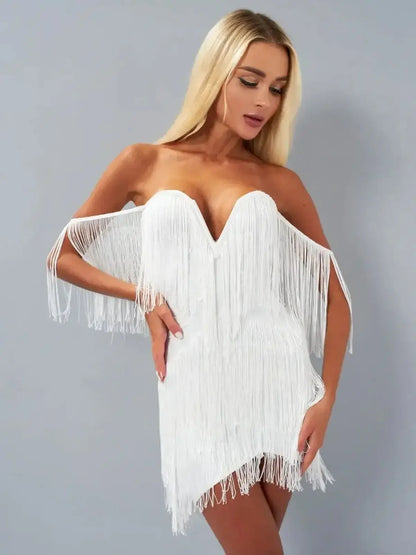 Fringe Fantasy white mini dress with cascading fringe detail, perfect for weddings, parties, and summer occasions.