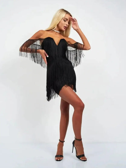 Black mini fringe dress with off-shoulder design, perfect for cocktail parties and formal events.