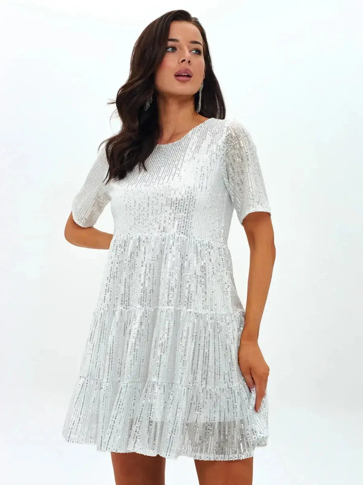 Frost Flicker white sequin mini dress with short sleeves and tiered ruffle hem, perfect for summer occasions.