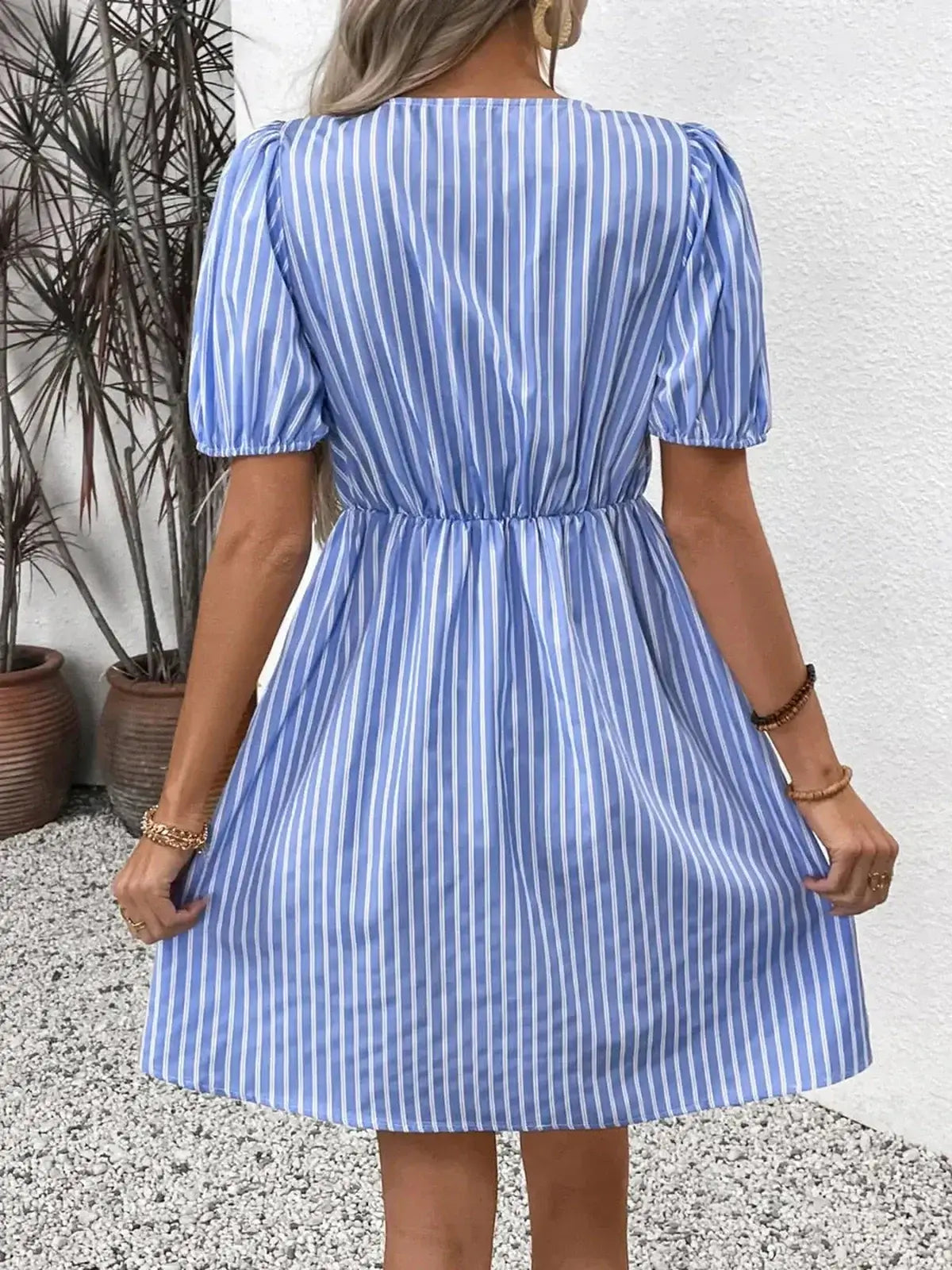 Harbor Stripe Mini Dress in blue and white stripes, featuring puff sleeves and A-line silhouette, perfect for summer and casual occasions.