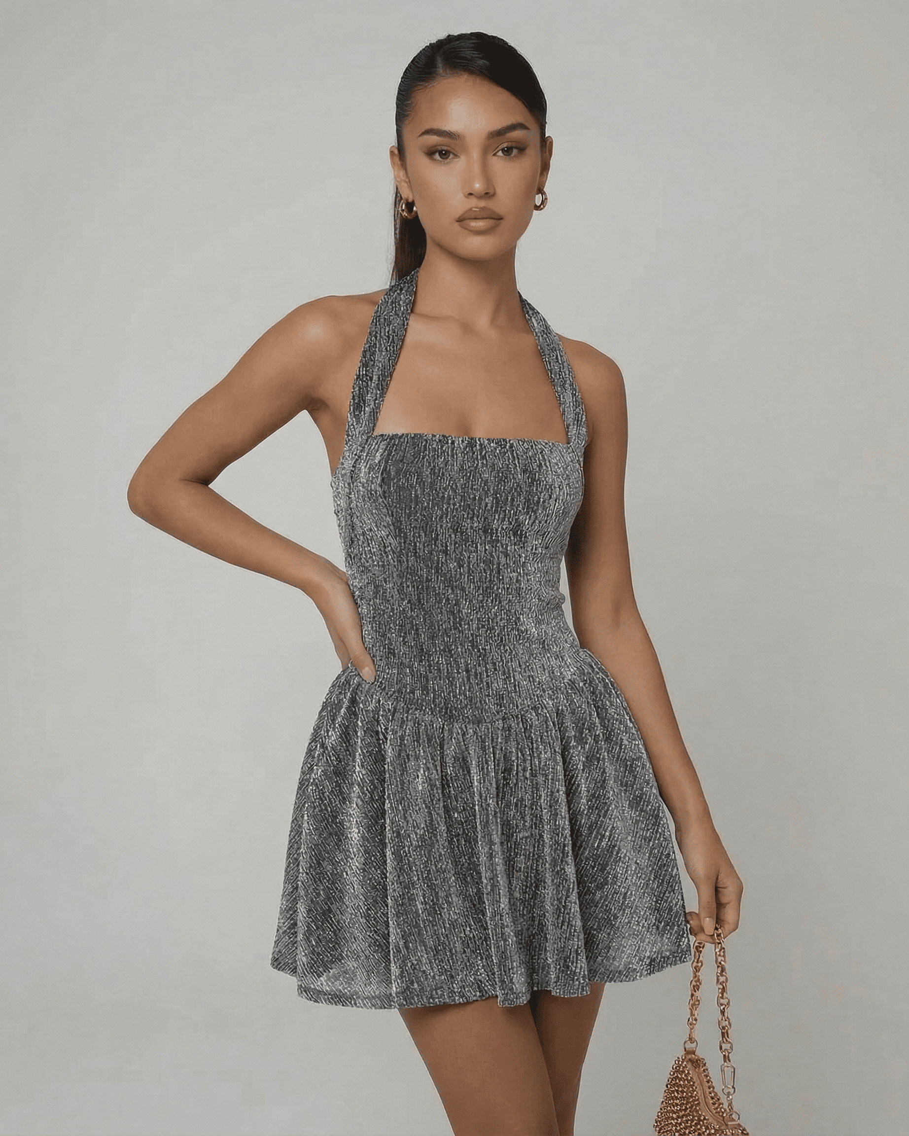 Celeste Mini Dress by Slimona, featuring a shimmering sequin texture and A-line silhouette in silver.