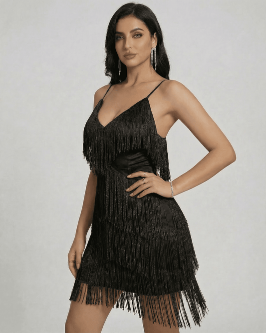 Noir Mini Dress by Slimona featuring layered fringe and V-neck design for a modern aesthetic.
