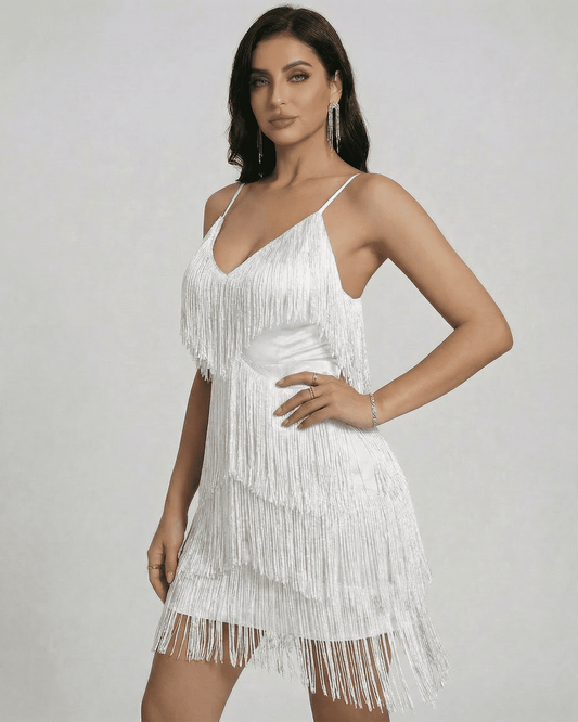 Aurora Mini Dress by Slimona featuring a fringe V-neck design and layered texture for elegant movement.