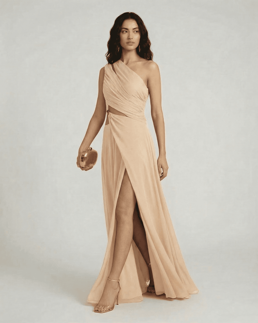 Champelle Maxi Dress by Slimona - One Shoulder Champagne Maxi Dress with Side Slit and High Waist silhouette.