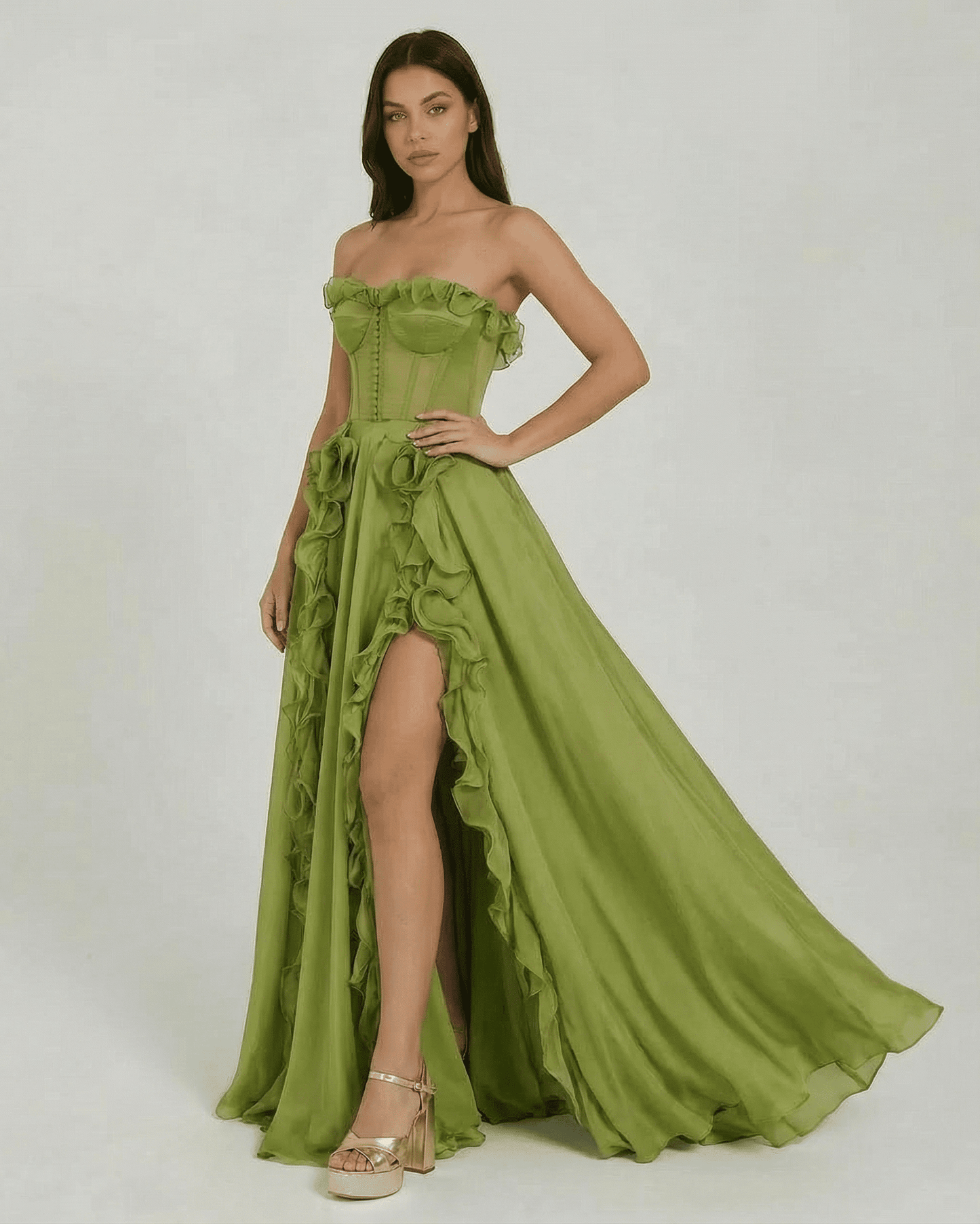 Verdessa Maxi Dress by Slimona, strapless green maxi dress with ruffle detail and flowing silhouette.