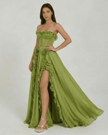 Verdessa Maxi Dress by Slimona, strapless green maxi dress with ruffle detail and flowing silhouette.