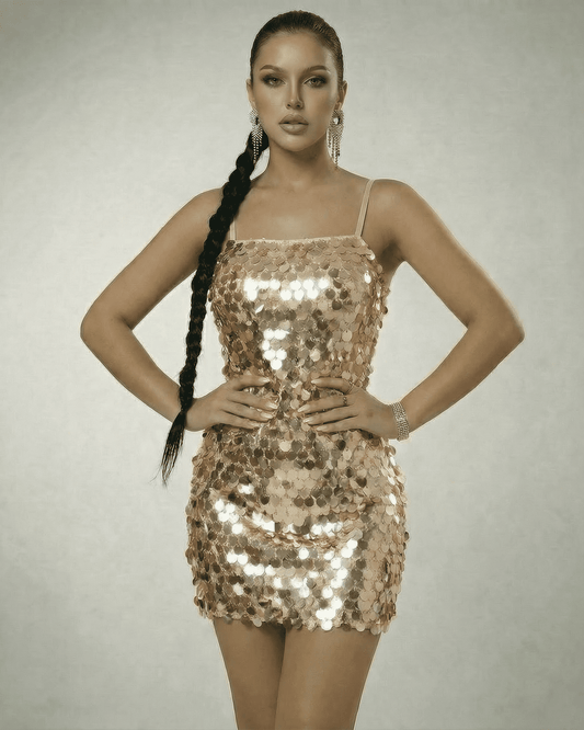 Aurora Mini Dress by Slimona — Champagne sequin mini dress with a sleek sleeveless silhouette.