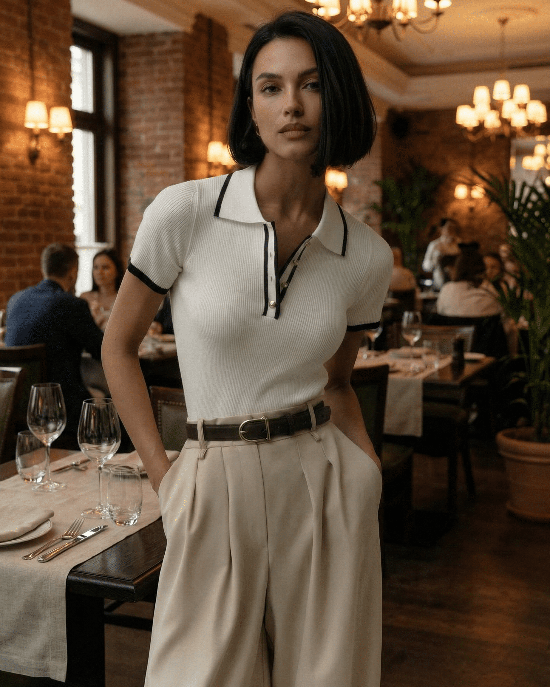 Siena Polo Shirt by Slimona showcased in a stylish restaurant, woman in refined slim fit with modern contrast details.