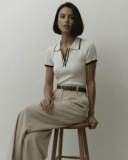 Model wearing the Siena Polo Shirt by Slimona, showcasing a refined slim fit with modern contrast detail.