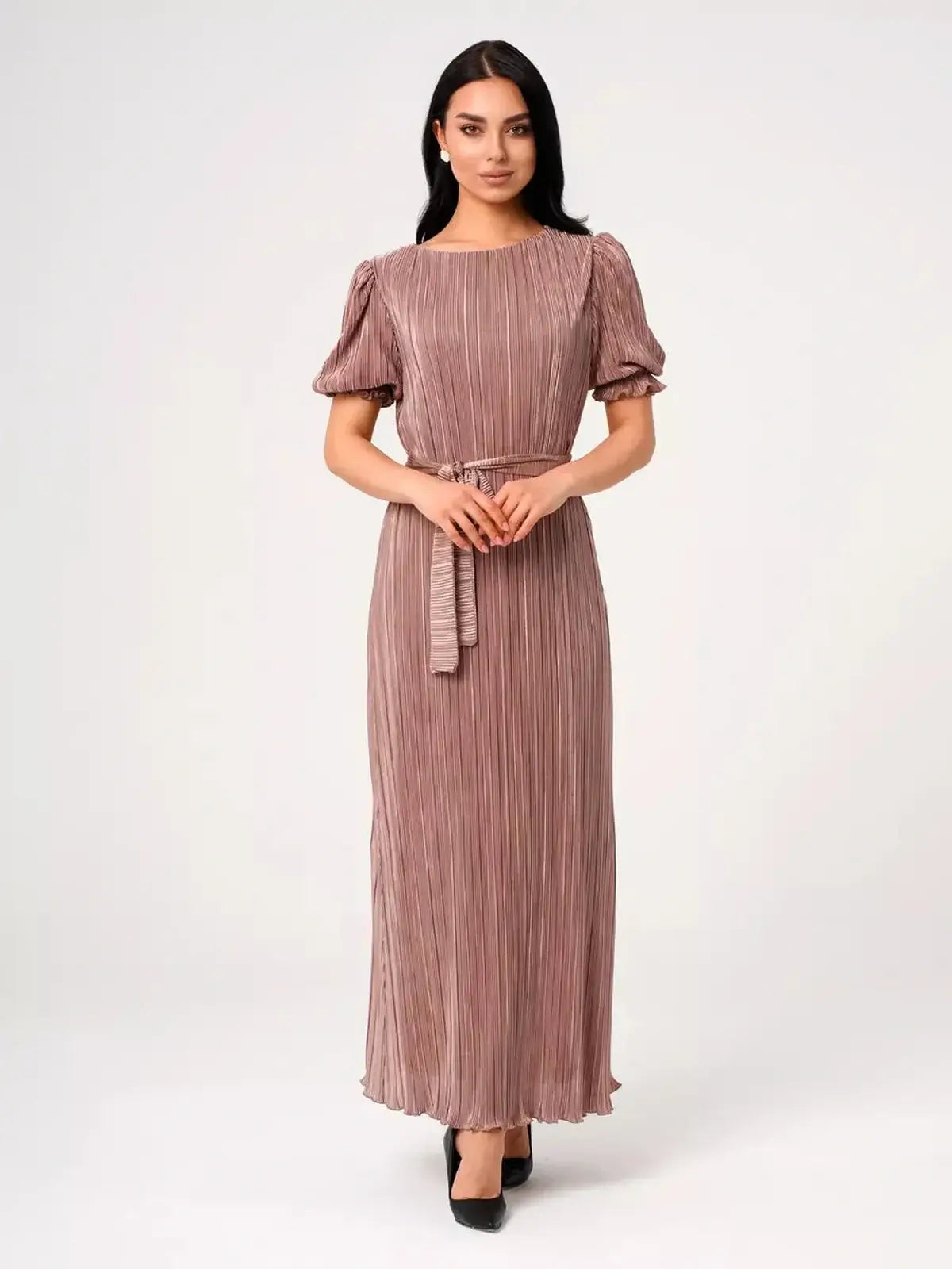 Elegant Celeste Maxi Dress with pleated texture and puff sleeves, perfect for weddings or formal events.