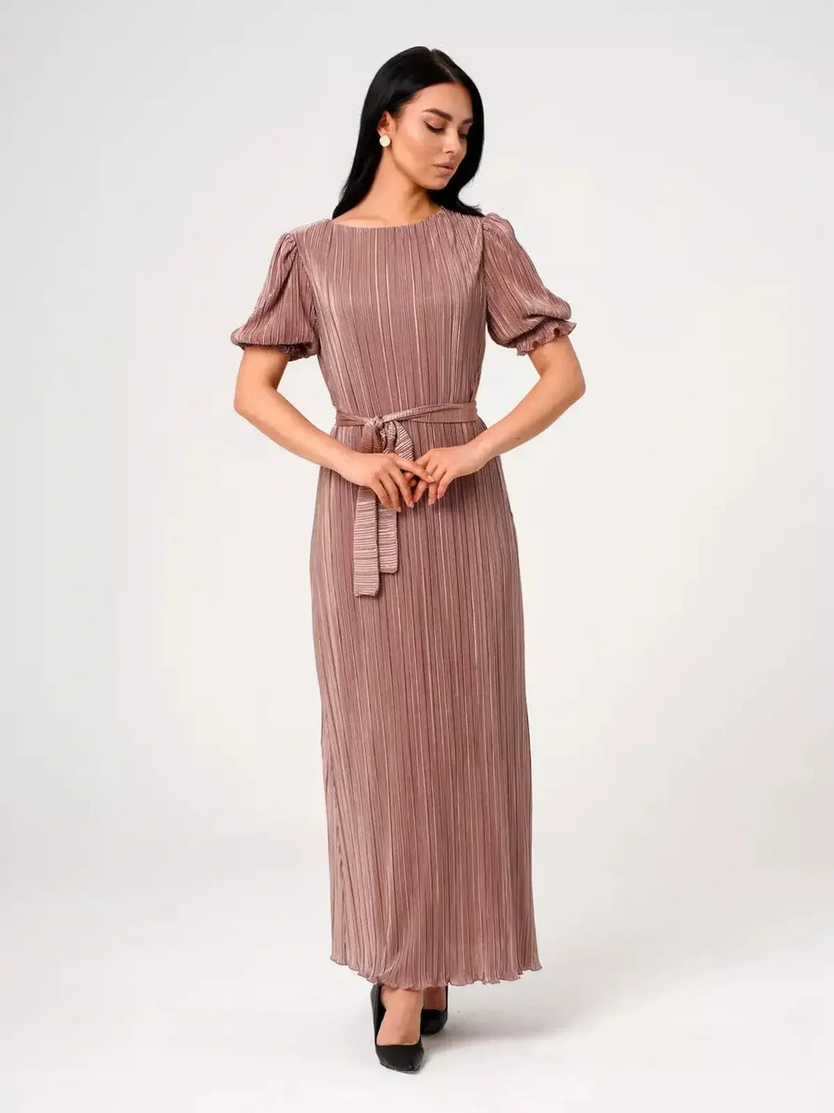 Elegant light cappuccino Celeste Maxi Dress with pleats and puff sleeves, perfect for weddings or formal events.