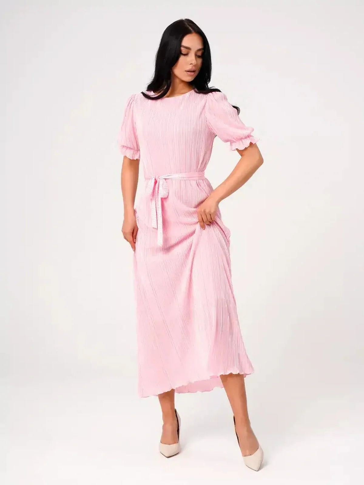 Celeste Maxi Dress in pink, featuring pleated design, puff sleeves, and a tie waist, perfect for summer and wedding guest occasions.
