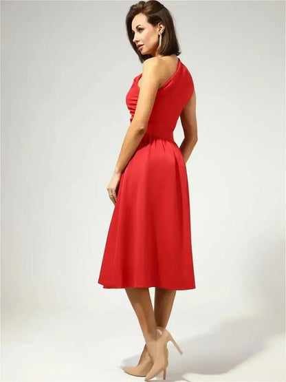 Scarlet Sway Midi Dress in red, showcasing one-shoulder design and flared skirt, perfect for wedding guests and formal events.