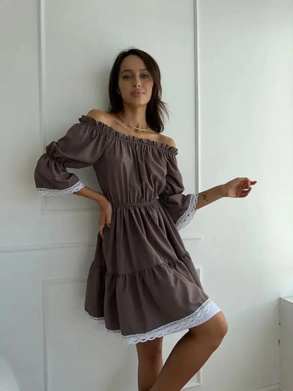 Off-shoulder mocha brown mini dress with white lace trim, perfect for summer weddings and casual outings.
