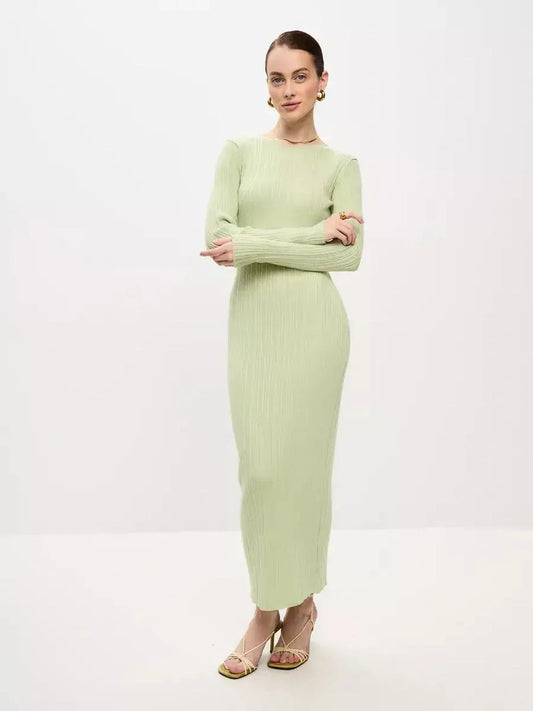 Celery Luxe Maxi Dress in light green, showcasing a ribbed fit and seamless design, ideal for weddings and special occasions.