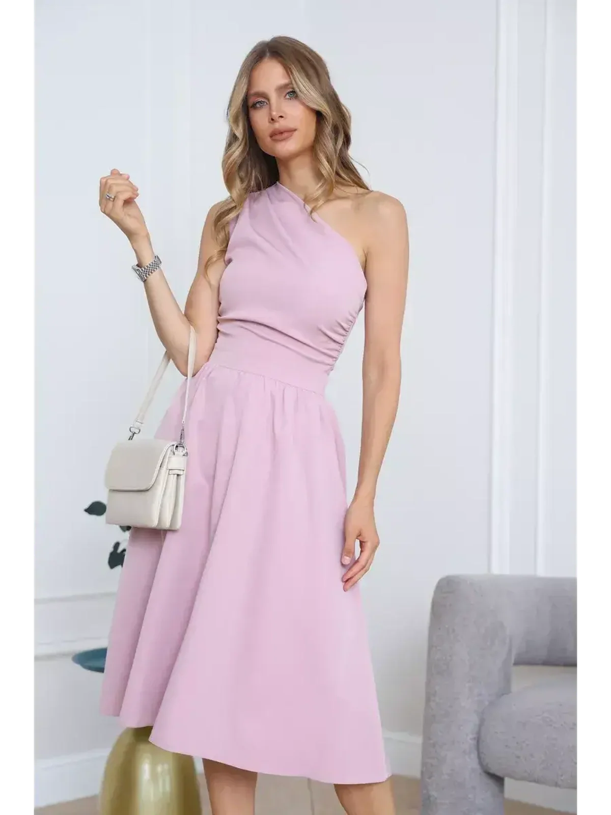 Blush Grace Midi Dress featuring a one-shoulder neckline and flowy A-line skirt, perfect for weddings and formal events.