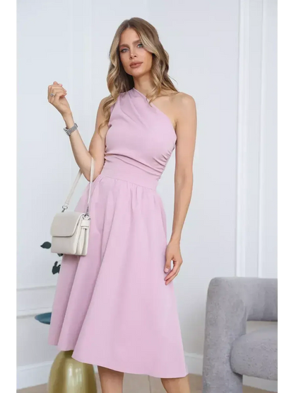 Blush Grace Midi Dress featuring a one-shoulder neckline and flowy A-line skirt, perfect for weddings and formal events.