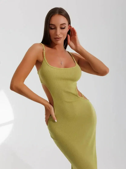 Sculpt Cutout Midi Dress in pistachio, featuring side cutouts and ribbed knit for a sleek, body-hugging silhouette.