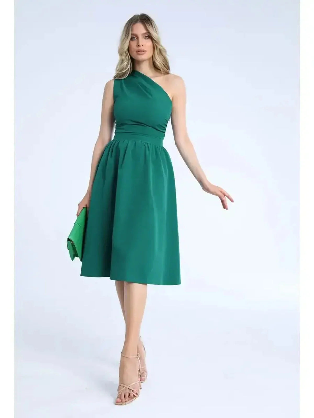 Emerald Grace Midi Dress featuring a one-shoulder design and flared skirt, perfect for weddings and cocktail events.