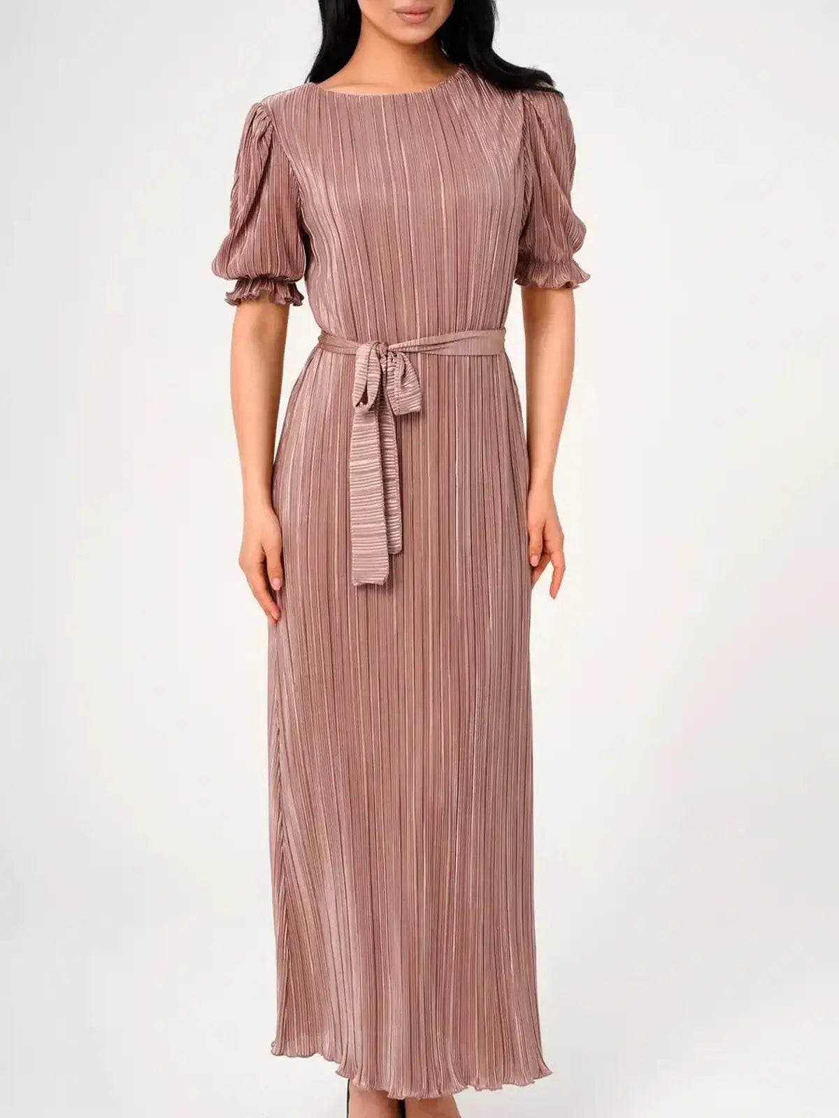 Elegant cappuccino Celeste Maxi Dress with pleats and puff sleeves, perfect for weddings and formal occasions.