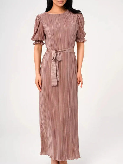 Elegant cappuccino Celeste Maxi Dress with pleats and puff sleeves, perfect for weddings and formal occasions.