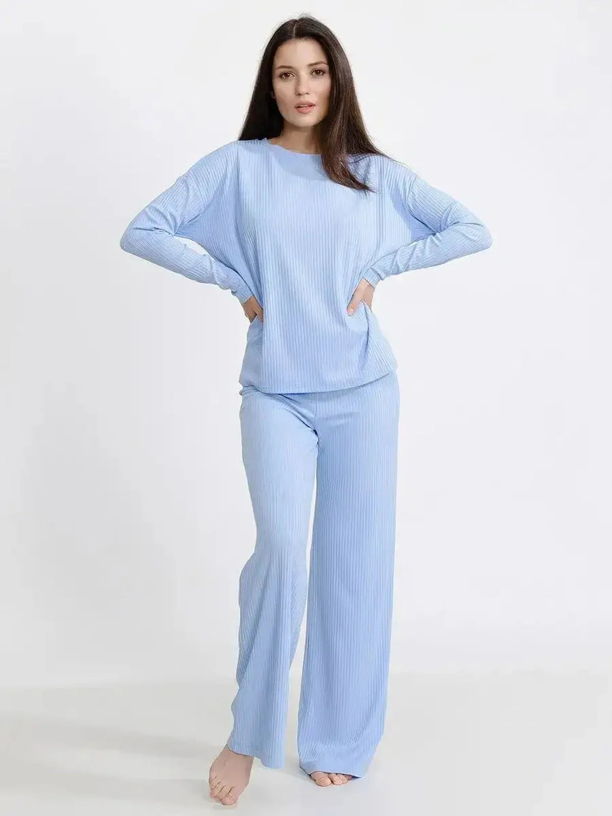 Cloudline Lounge Set in soft blue ribbed knit, offering effortless comfort for home relaxation and casual style.