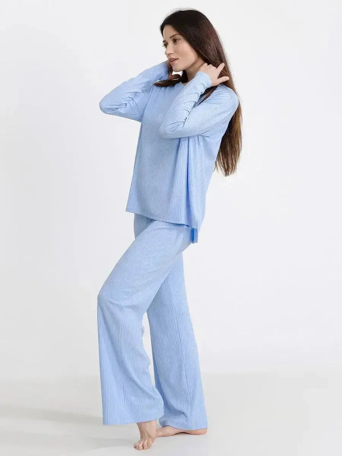 Model wearing the Cloudline Lounge Set, featuring ultra-soft ribbed knit in a serene blue for stylish comfort.