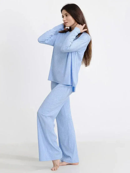 Model wearing the Cloudline Lounge Set, featuring ultra-soft ribbed knit in a serene blue for stylish comfort.