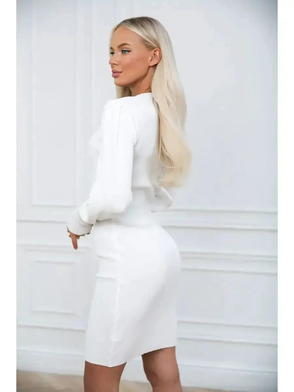 Elegant ivory mini dress with voluminous sleeves, perfect for weddings, proms, or formal events.