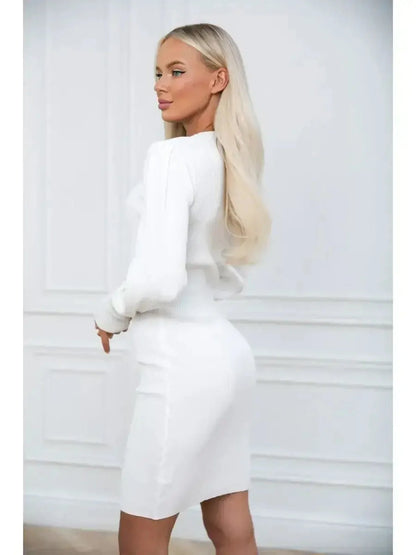 Elegant ivory mini dress with voluminous sleeves, perfect for weddings, proms, or formal events.