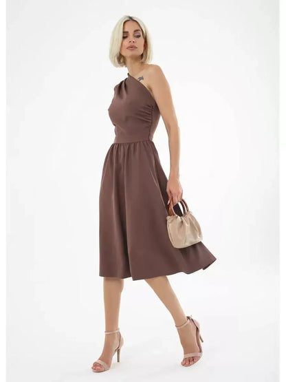 Chic woman wearing a one-shoulder chocolate brown midi dress, perfect for weddings, summer parties, and elegant evenings.