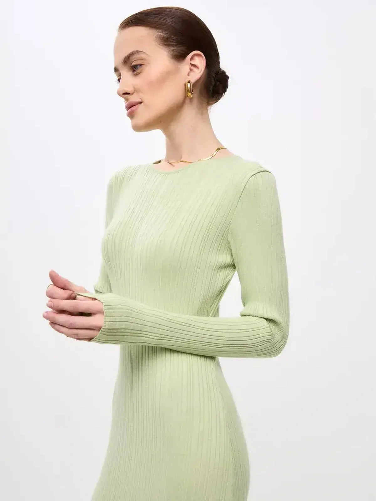 Celery Luxe Maxi Dress in ribbed light green showcasing seamless elegance and sculpted fit for women, ideal for special occasions.