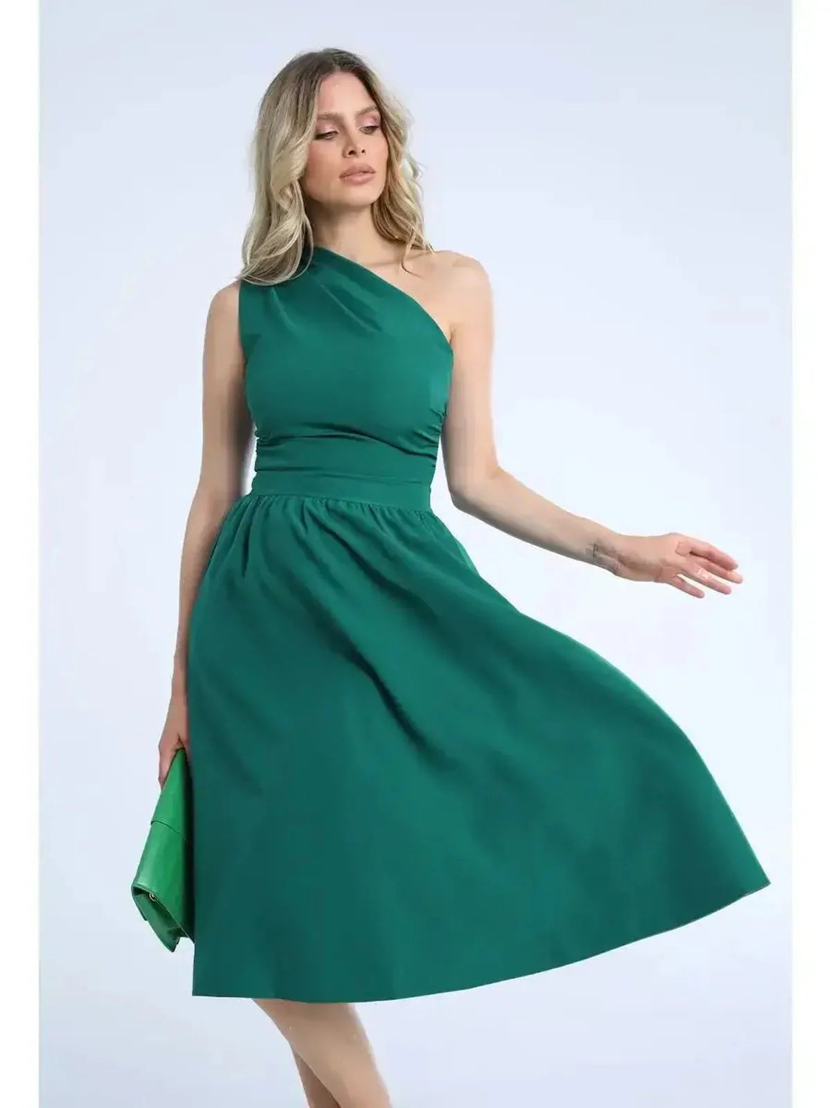 Emerald Grace Midi Dress featuring a stunning one-shoulder design, perfect for weddings and special occasions.