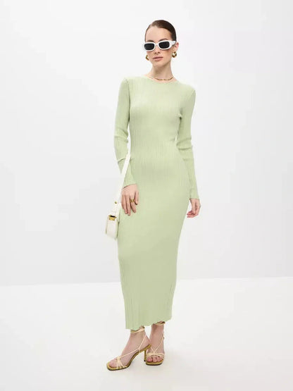 Celery Luxe Maxi Dress in light green ribbed knit, perfect for weddings, prom, or formal occasions, showcasing seamless elegance.