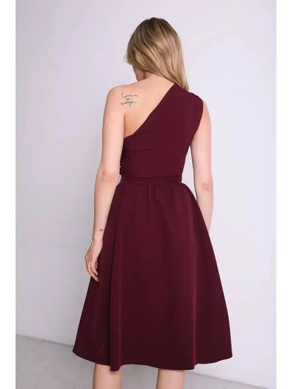 One-shoulder Opéra Midi Dress in rich wine hue, showcasing elegant silhouette, perfect for formal events and evening wear.