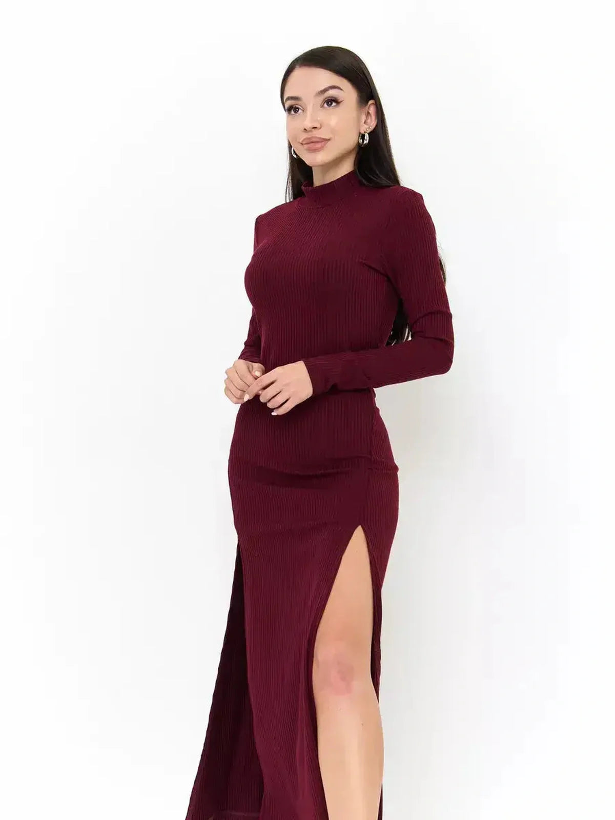 Sleek burgundy Velvet Edge Midi Dress with twin thigh-high slits, perfect for weddings or formal events.