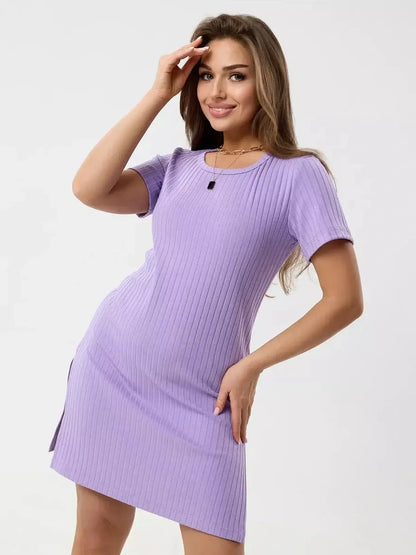 Lilac Ripple mini dress featuring a ribbed knit texture, short sleeves, and side slits, perfect for summer outings.