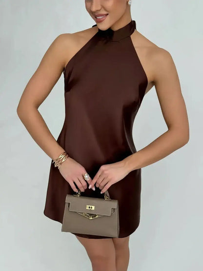 Elegant Mocha Silk Mini dress with halter neck, perfect for weddings, proms, and summer parties.