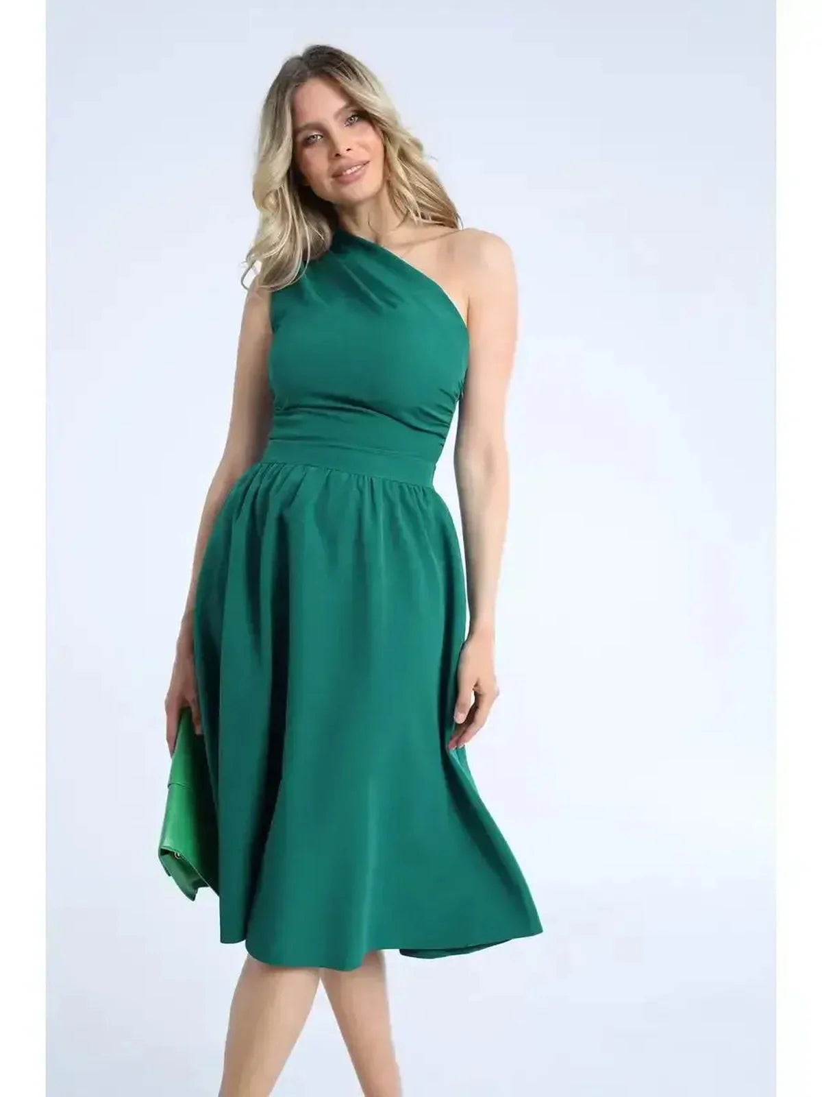 Emerald Grace Midi Dress in elegant one-shoulder style, ideal for weddings, cocktail events, and special occasions.